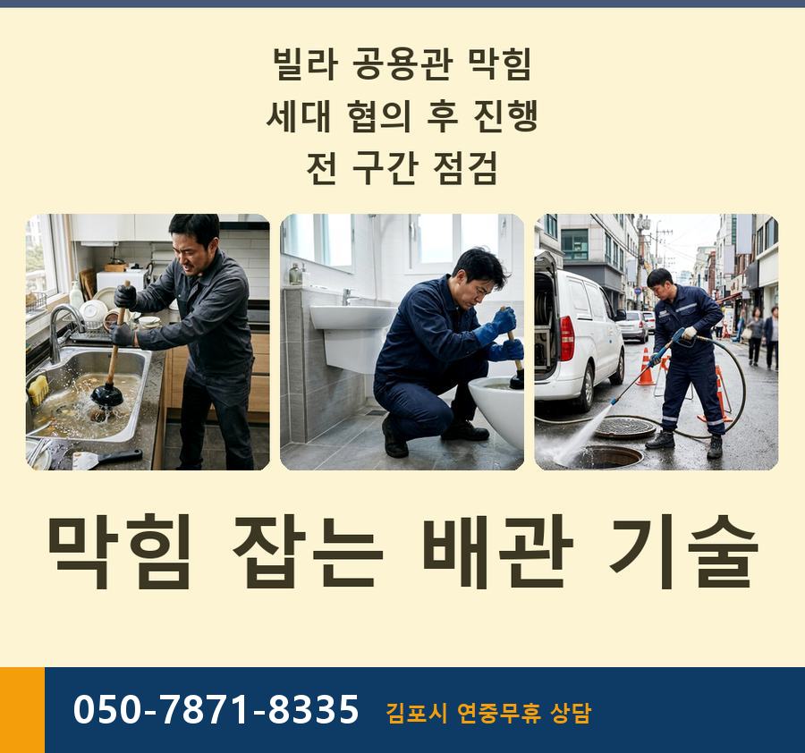 김포시 장기동 하수구막힘 고압세척·관통 작업 모습