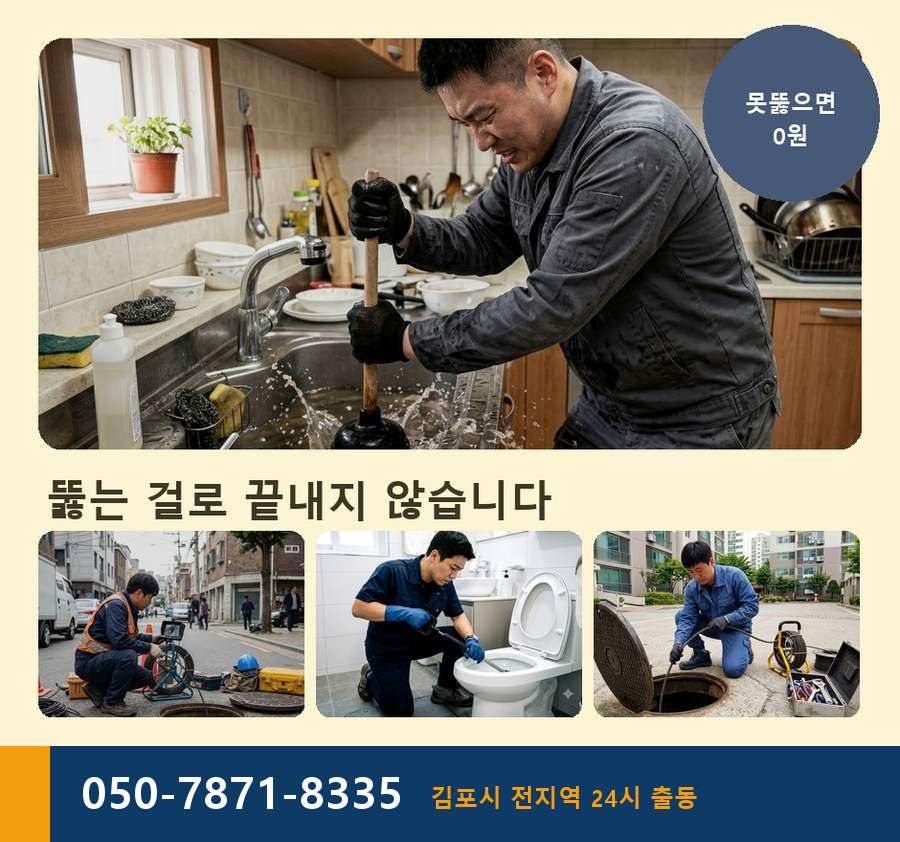 김포시 운양동 싱크대막힘 고압세척·관통 작업 모습