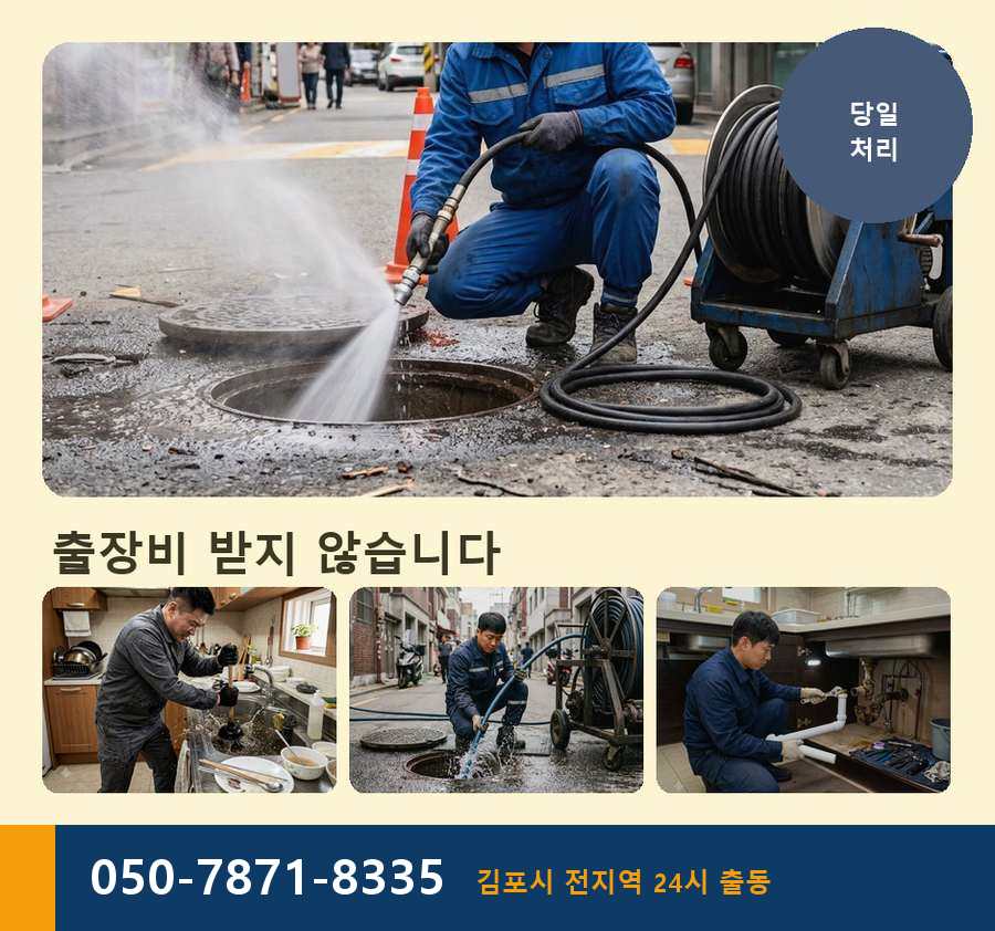 김포시 마산동 싱크대막힘 고압세척·관통 작업 모습